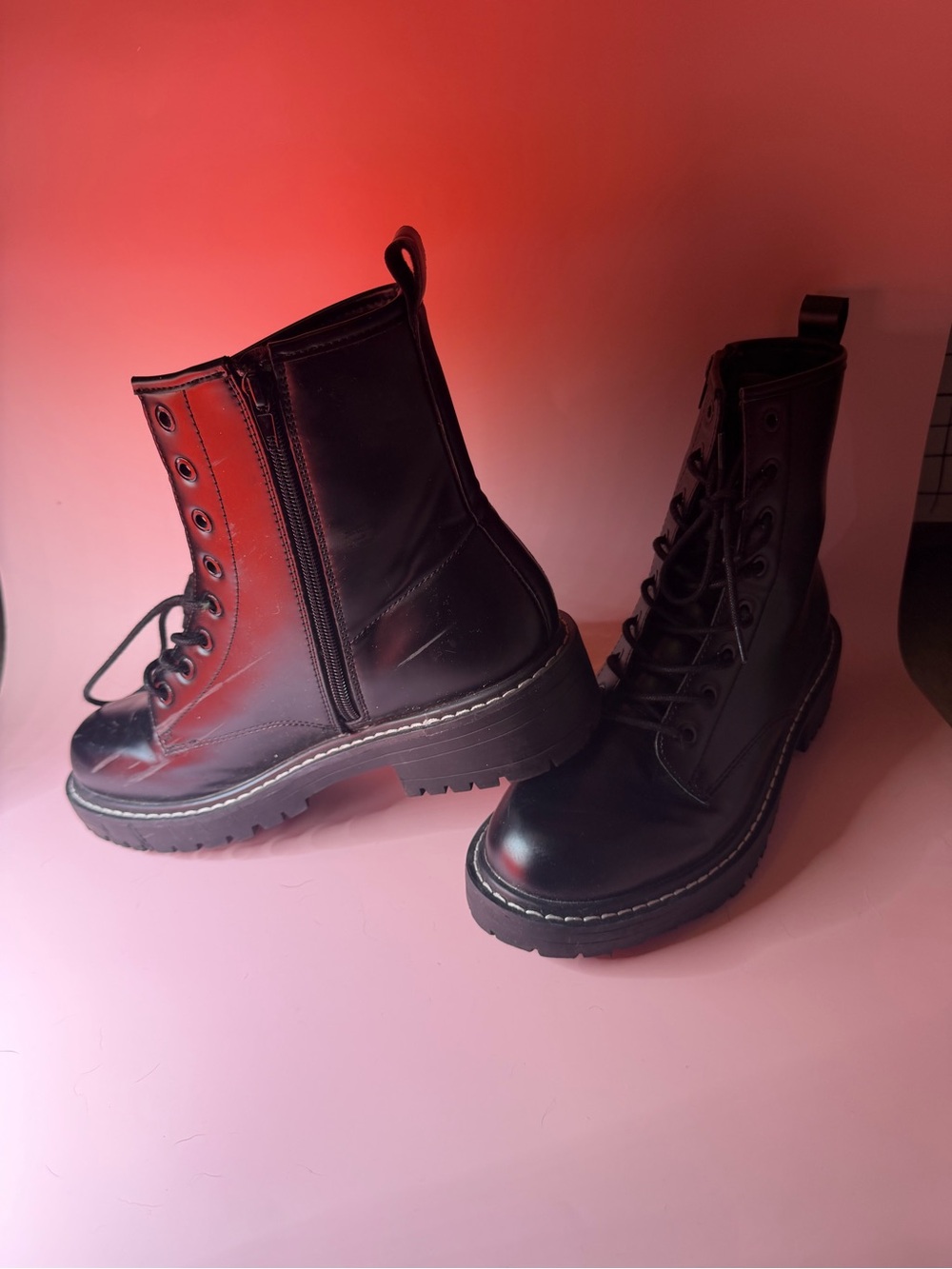 Women’s Black Lace-Up Combat Boots with Side Zipper